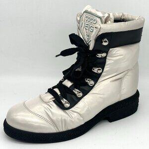 CHANEL 18B Nylon Leather Lace Up Coco Neige Winter Boots Shoes